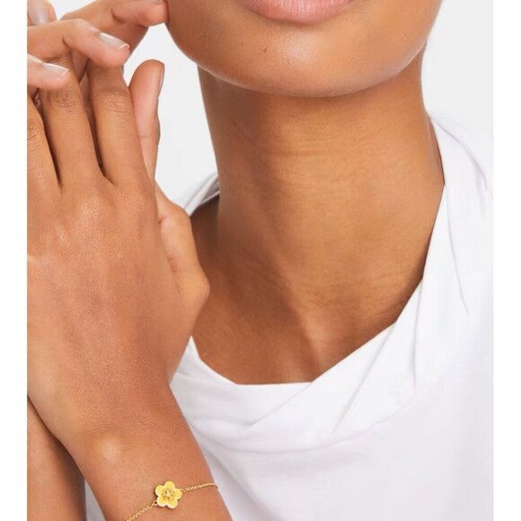 Tory Burch Kira Enamel Flower Chain Bracelet Yellow OS - Picture 2 of 12